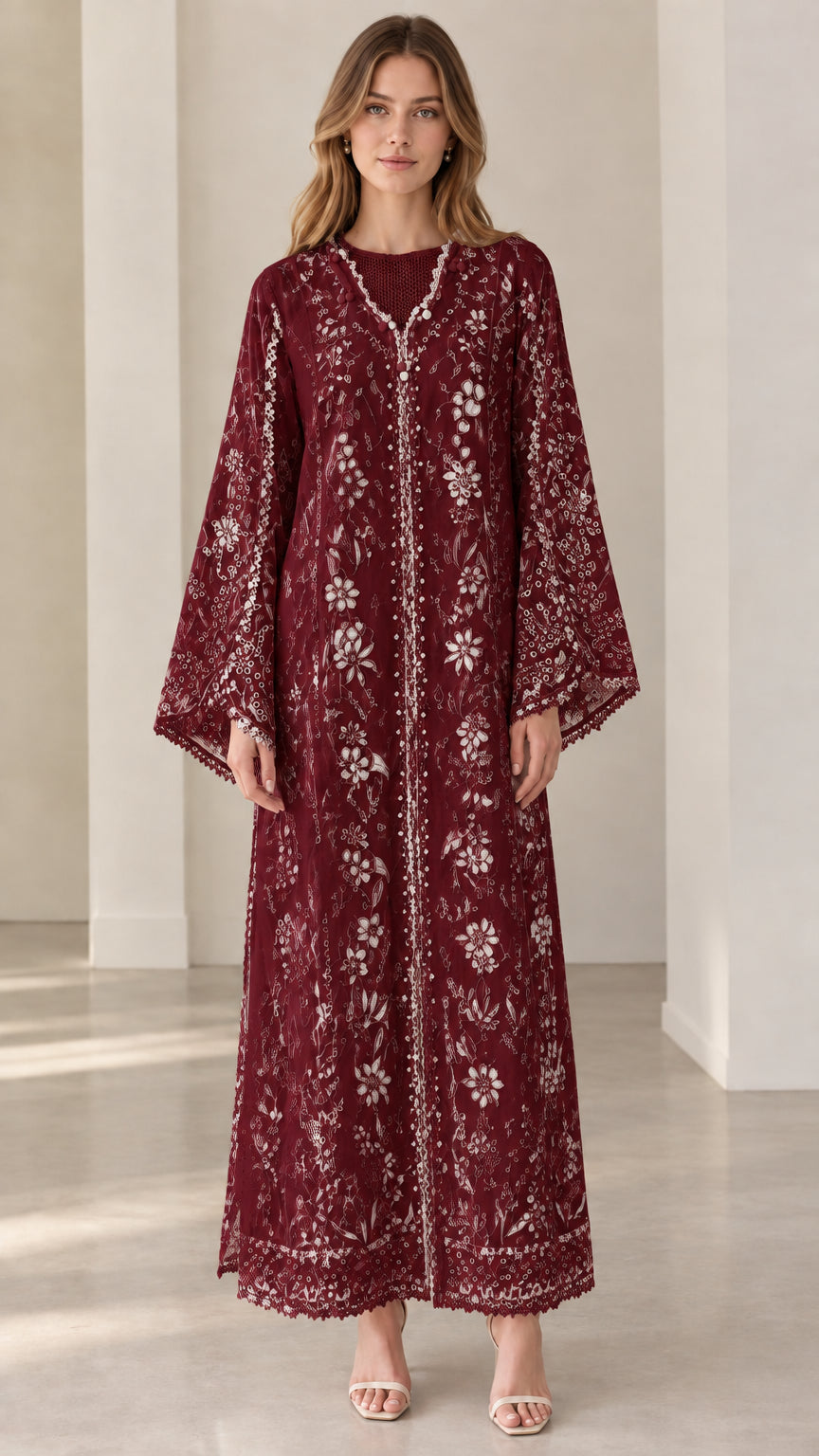 Front view of burgundy red lace embroidered maxi dress with bell sleeves