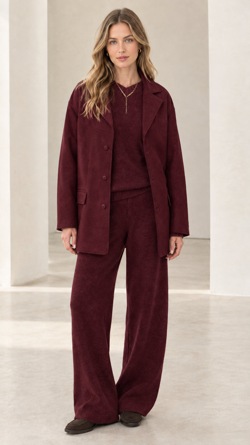 Full view of women's 3-piece knit lounge and jacket set in deep burgundy
