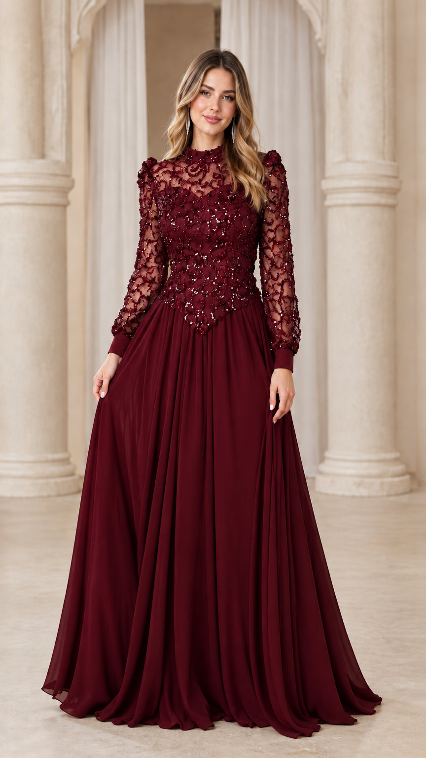 Front full view of woman wearing burgundy wine long sleeve beaded lace evening gown
