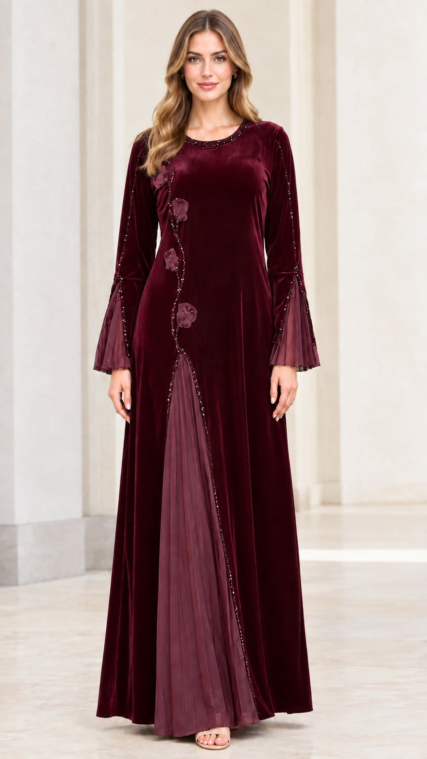 Burgundy wine red velvet evening gown with floral applique front view