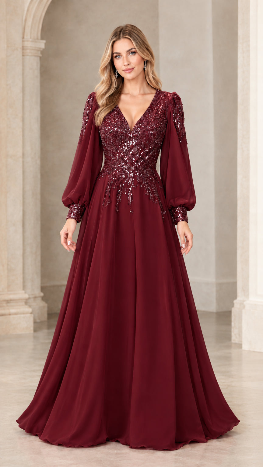 Front view of model wearing burgundy wine red long sleeve sequin evening dress