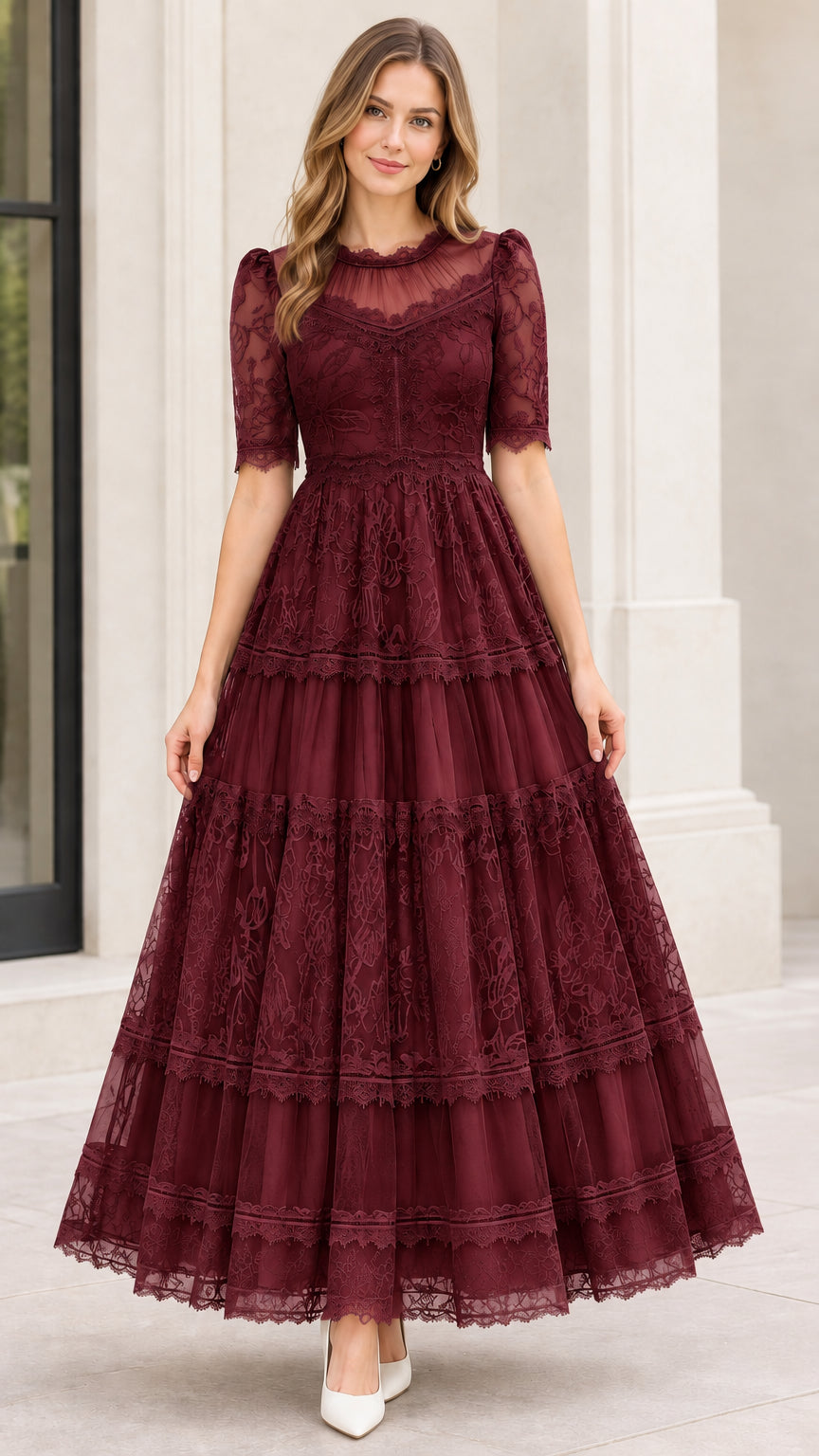 Model wearing burgundy wine floral lace tiered evening dress