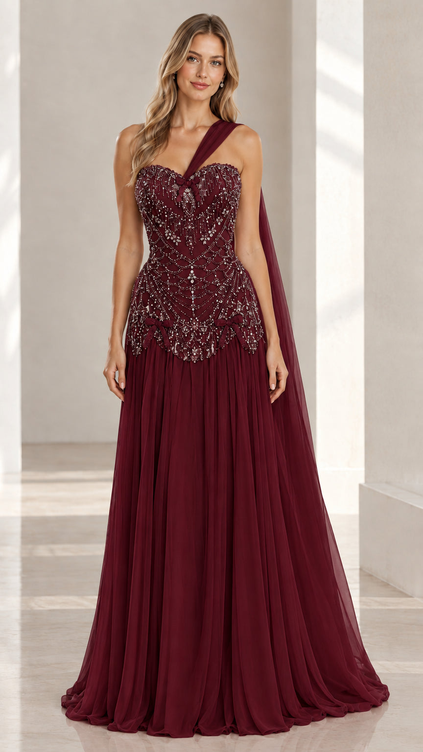 Burgundy wine beaded corset one-shoulder evening gown