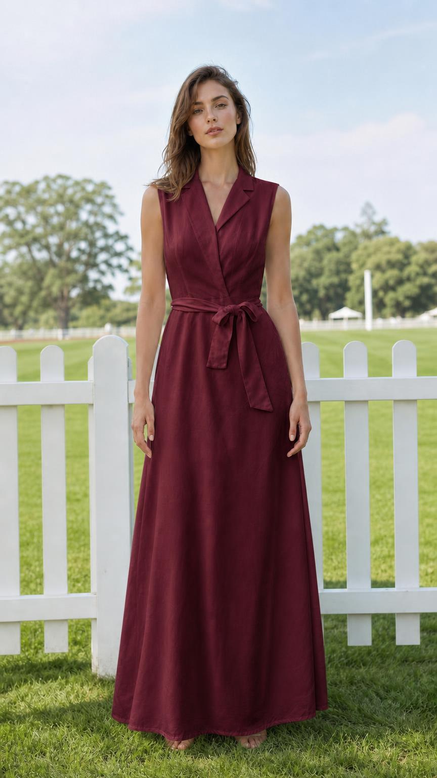 Model wearing burgundy sleeveless lapel maxi dress