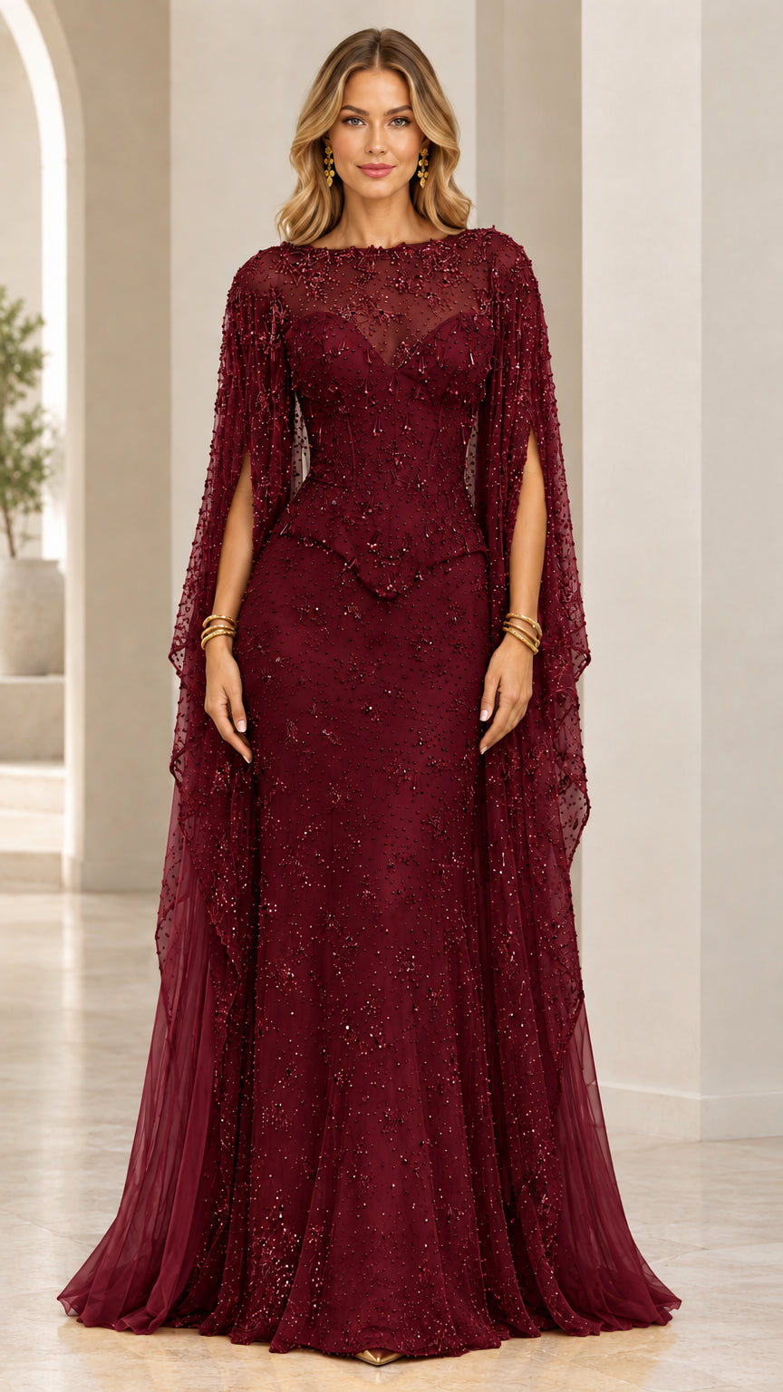 Burgundy wine red embellished illusion evening gown with dramatic cape
