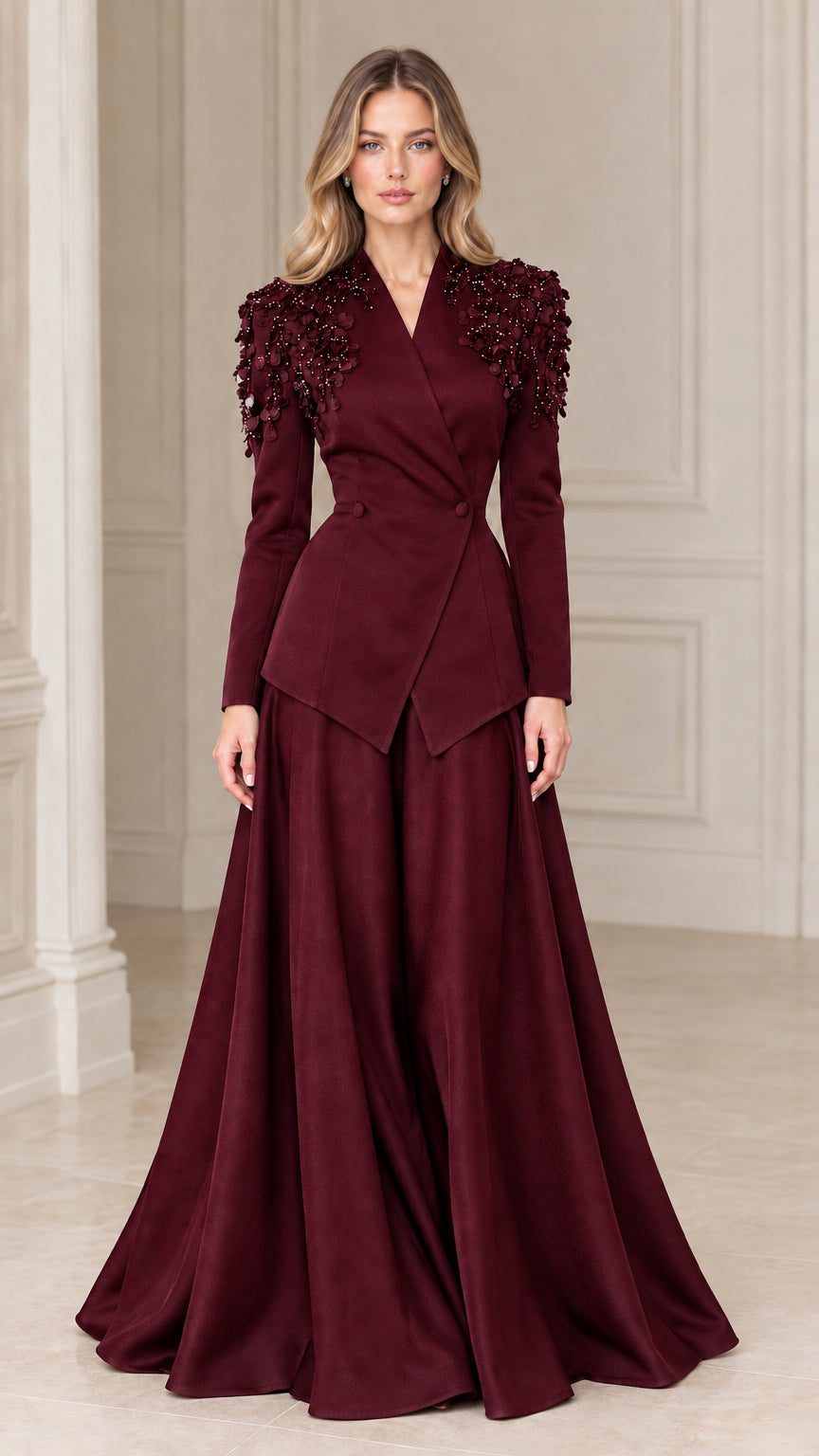 Burgundy wine red embellished shoulder peplum jacket and maxi skirt formal set