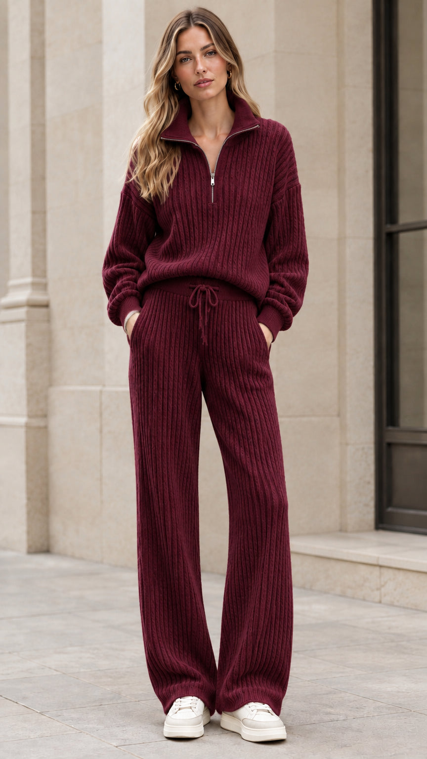 Front view of woman wearing burgundy wine ribbed knit two-piece lounge set