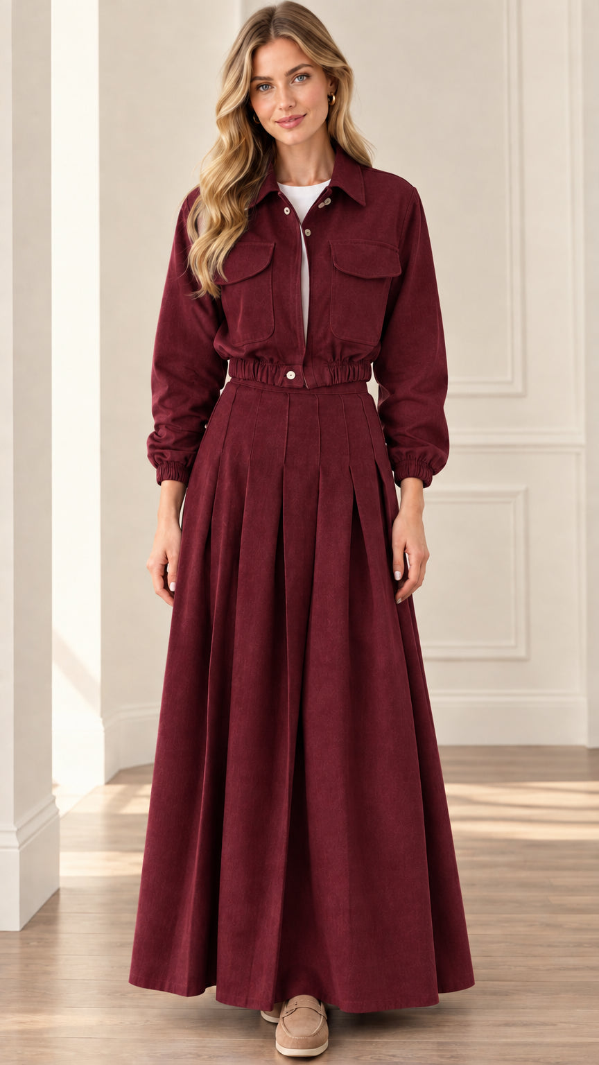 Women's burgundy red utility shirt and pleated maxi skirt two-piece set