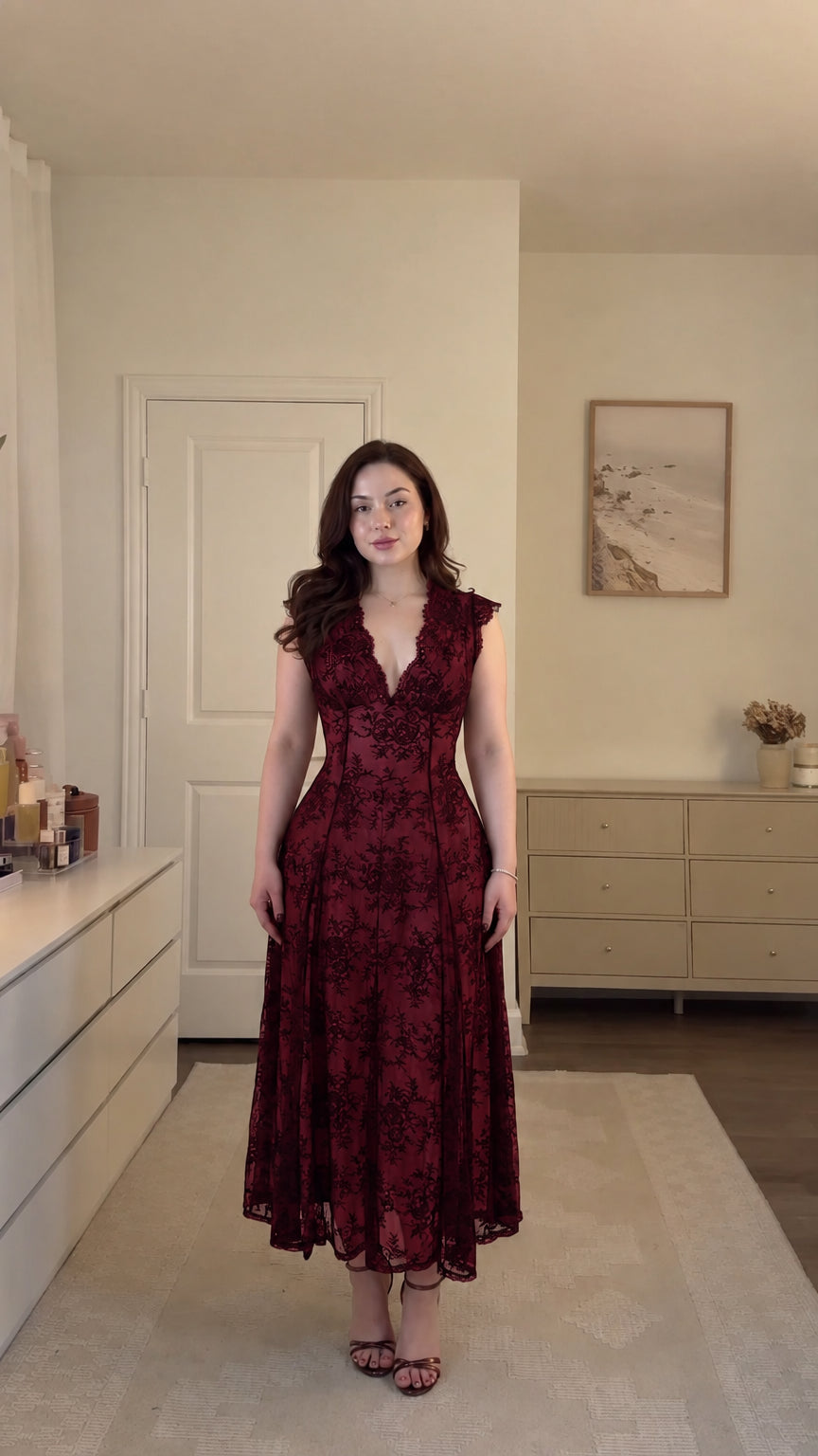 Model wearing burgundy red floral lace corset midi dress