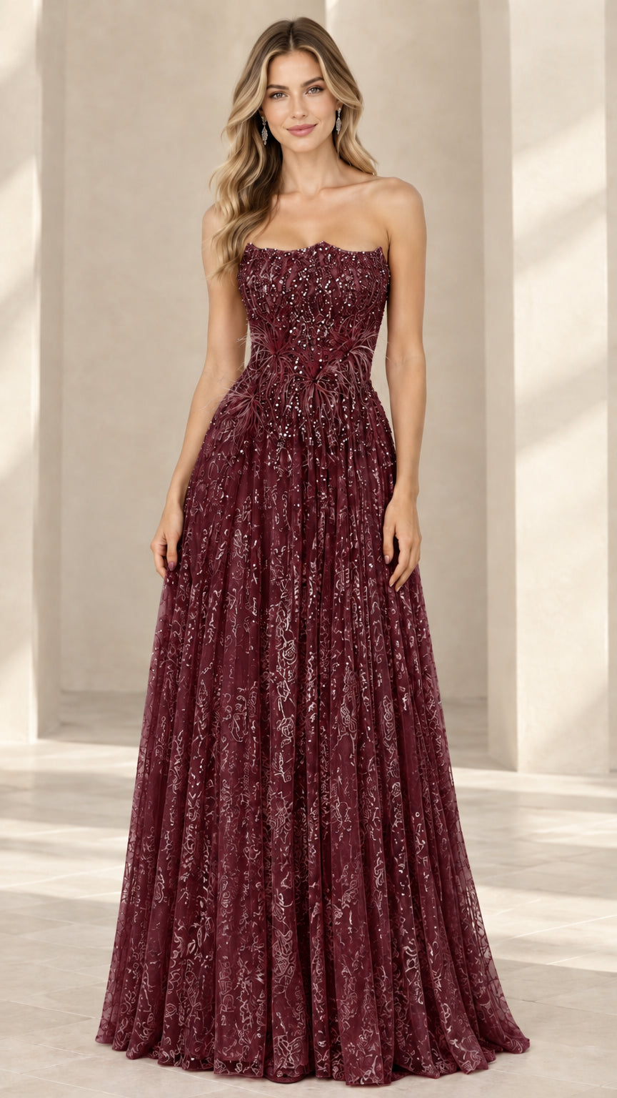 Burgundy wine strapless sequin evening gown with feather details