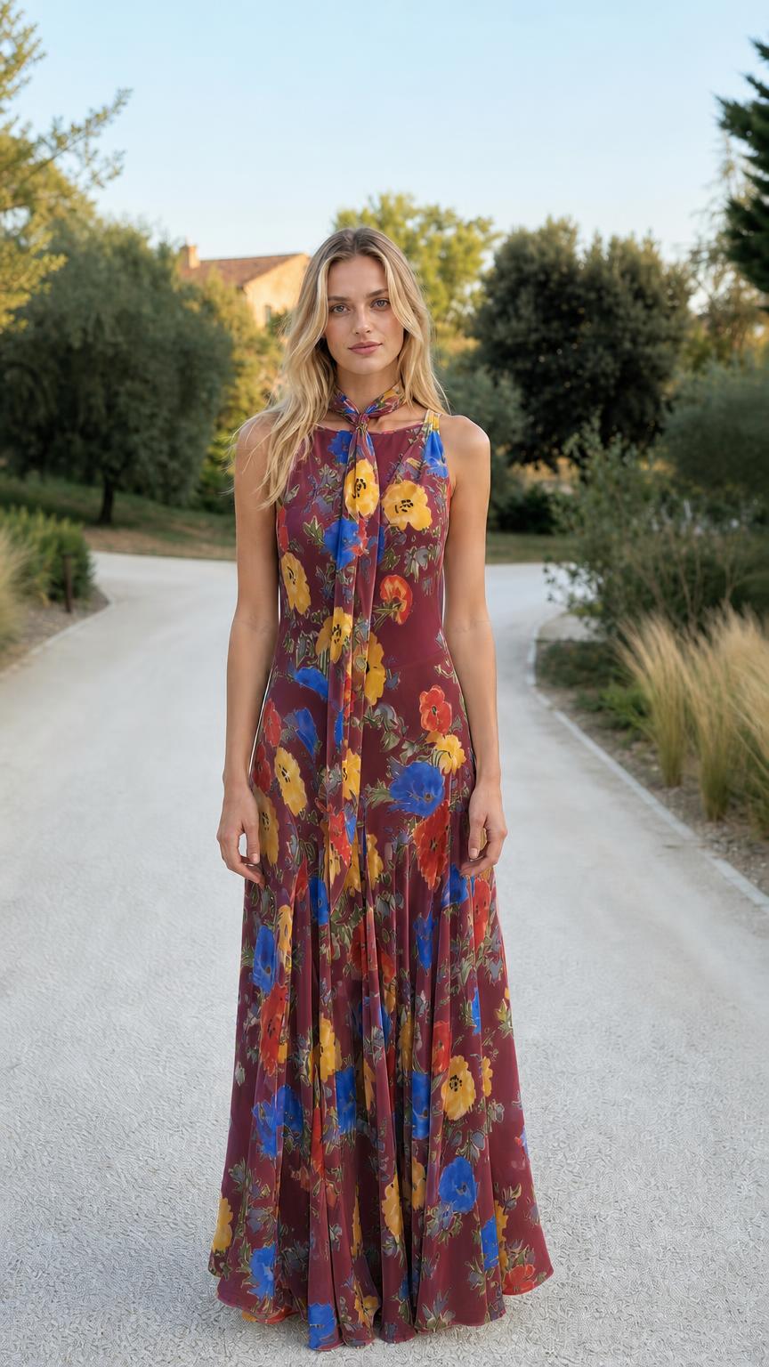 Model wearing burgundy variant of the floral halter maxi dress