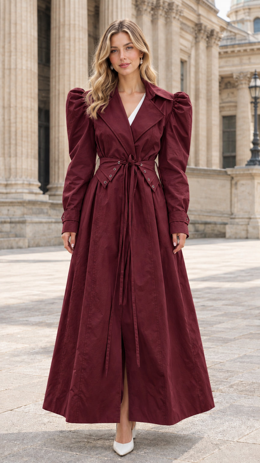 Front full view of burgundy wine red puff sleeve maxi trench coat