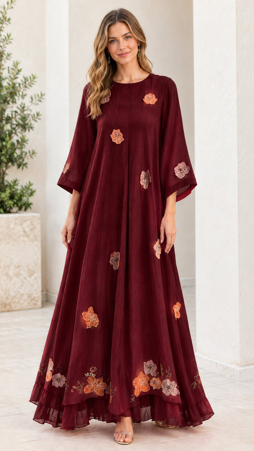 Burgundy floral applique tiered floor-length dress