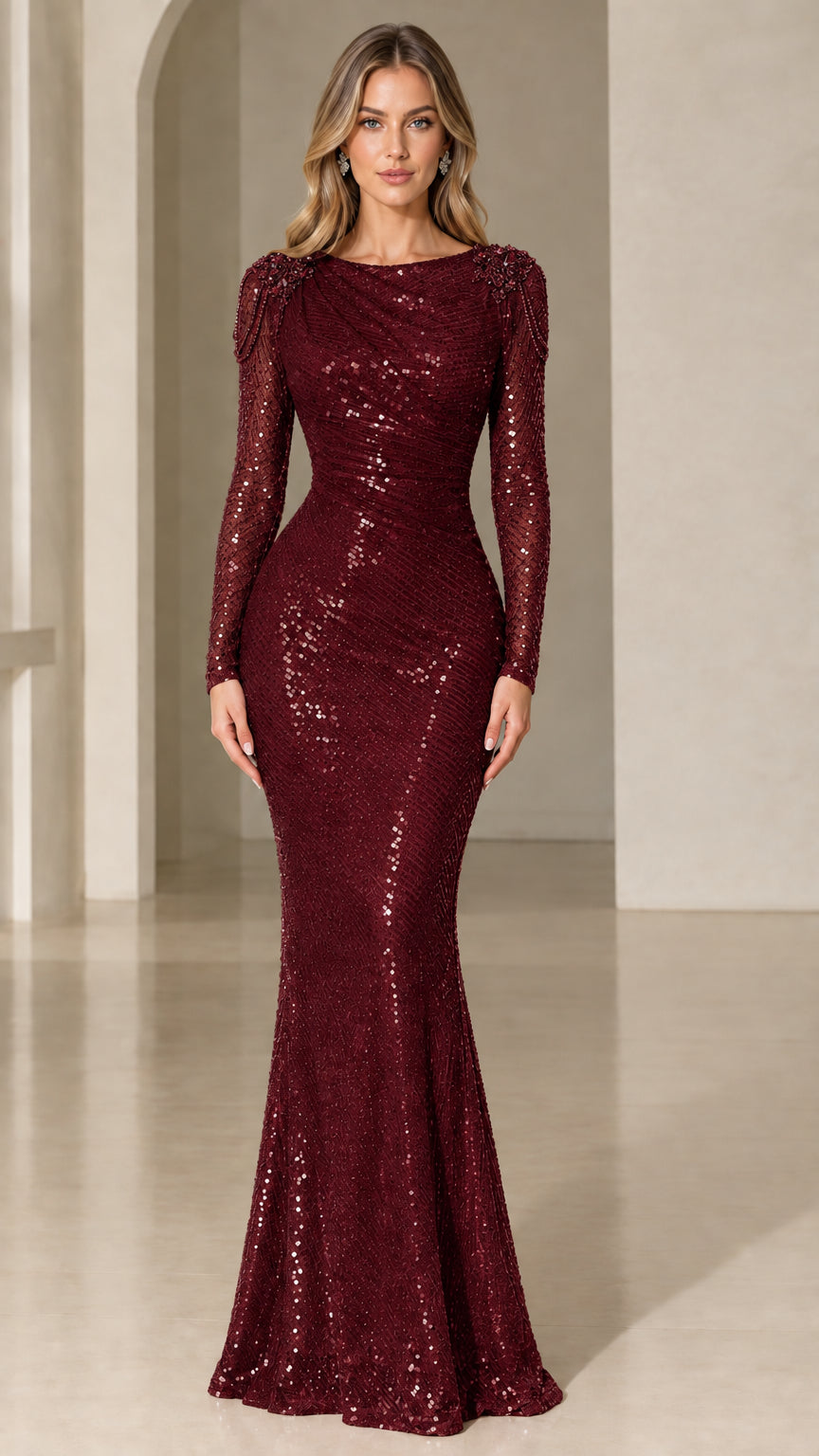 Model wearing burgundy red sequin long sleeve mermaid formal dress