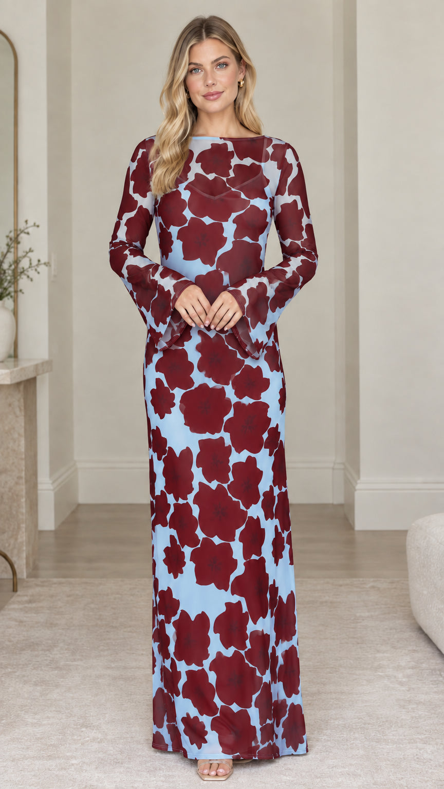 Front view of floral print boat neck maxi dress in Burgundy Blue