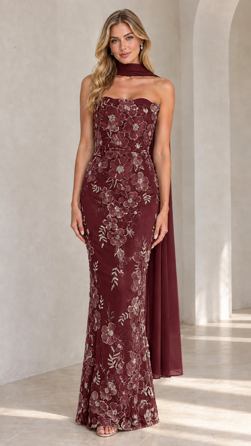 Full-length view of burgundy floral embroidered strapless evening maxi dress