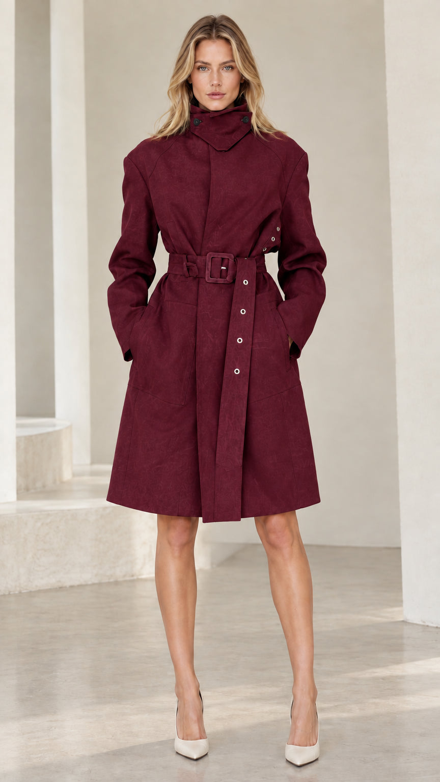 Front view of woman wearing Burgundy stand collar belted trench coat