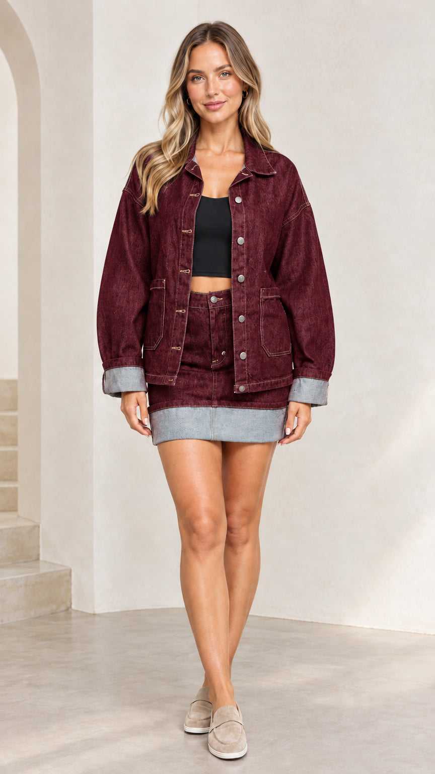 Full length view of model wearing Burgundy red oversized denim jacket