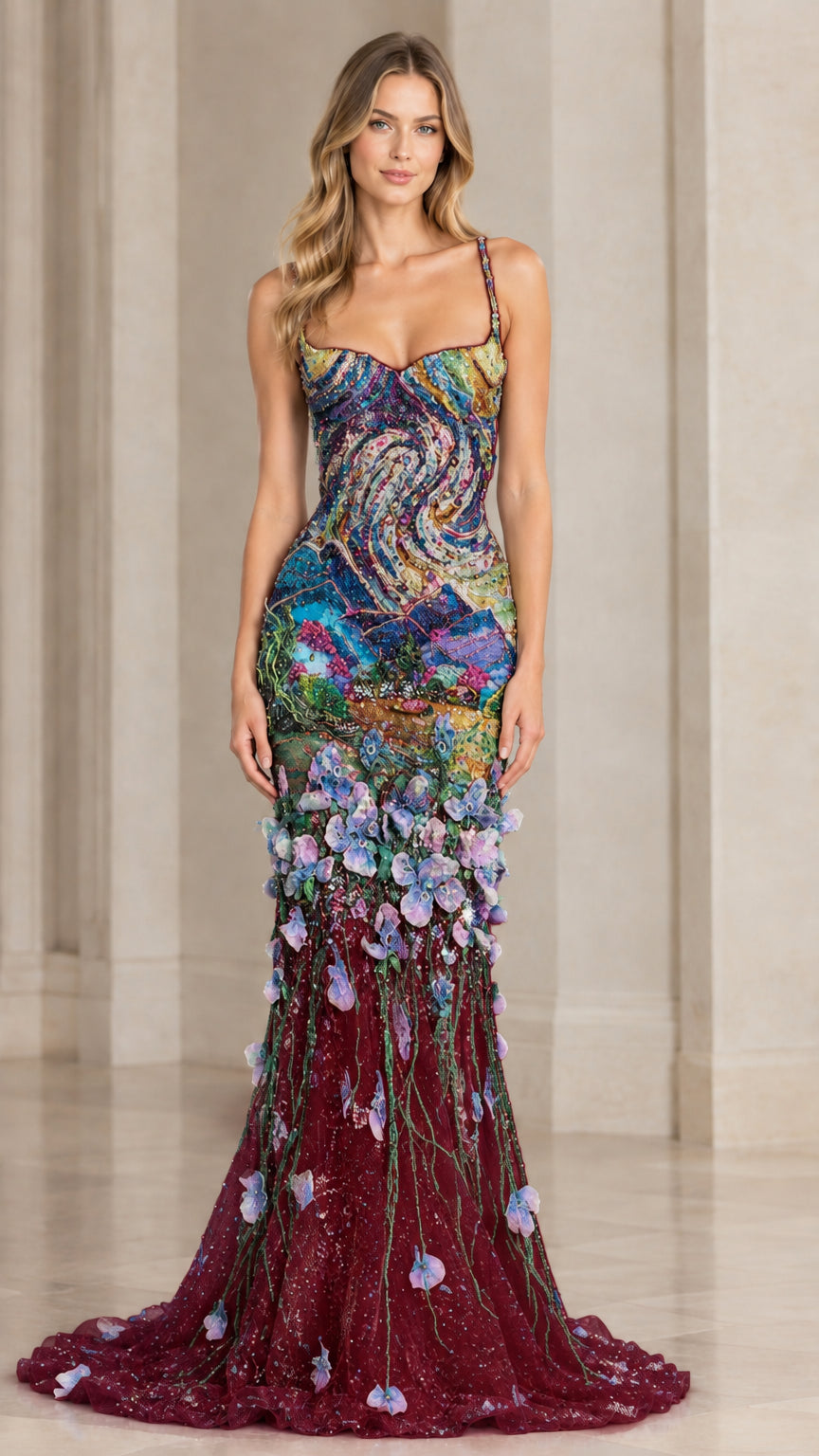 Burgundy wine beaded floral appliqué mermaid formal dress - front view
