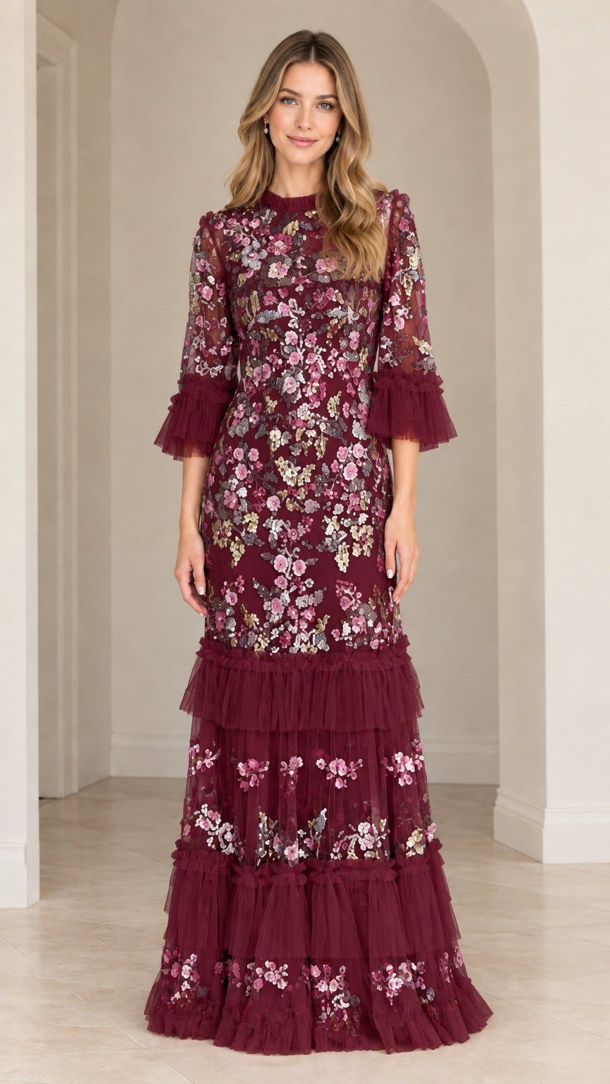 Burgundy floral sequin embroidered tiered maxi evening gown