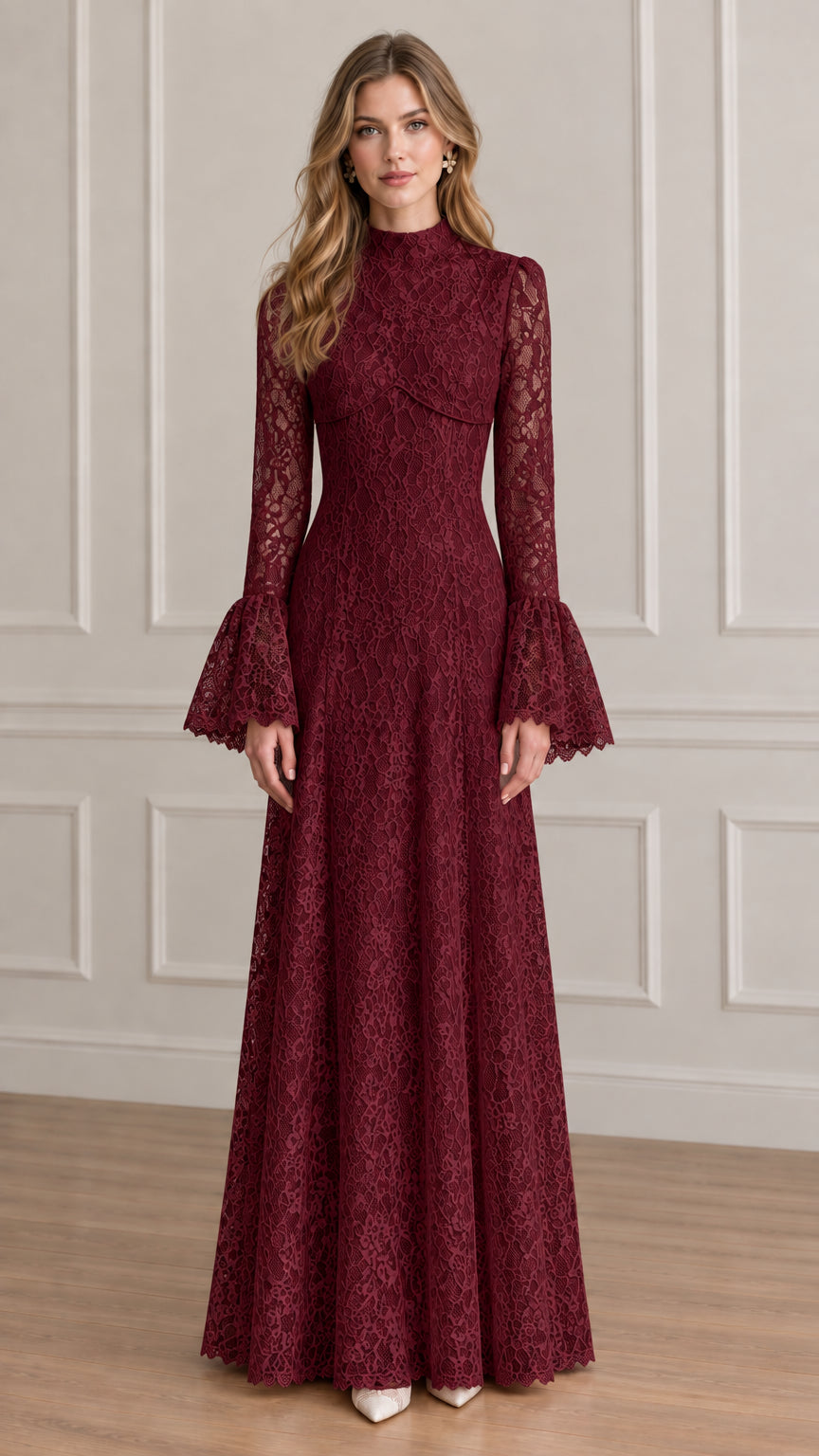 Front view of burgundy red high-neck floral lace maxi dress