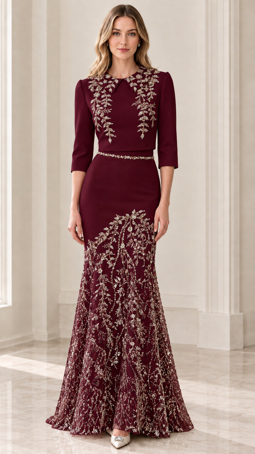 Front view of model wearing Burgundy wine red mermaid formal evening dress