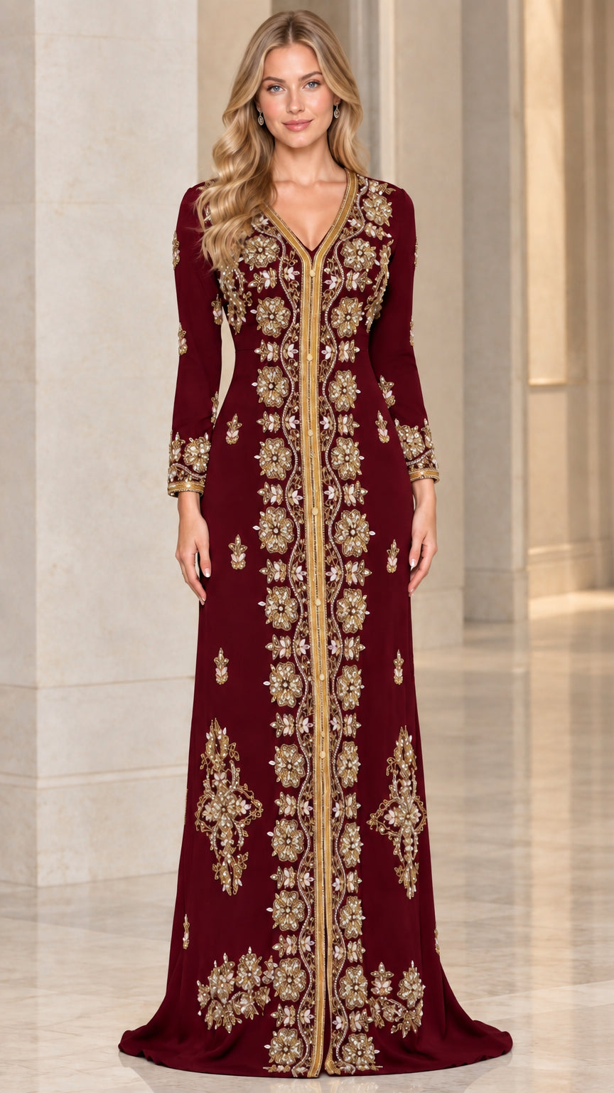 Burgundy wine red embroidered evening maxi kaftan dress