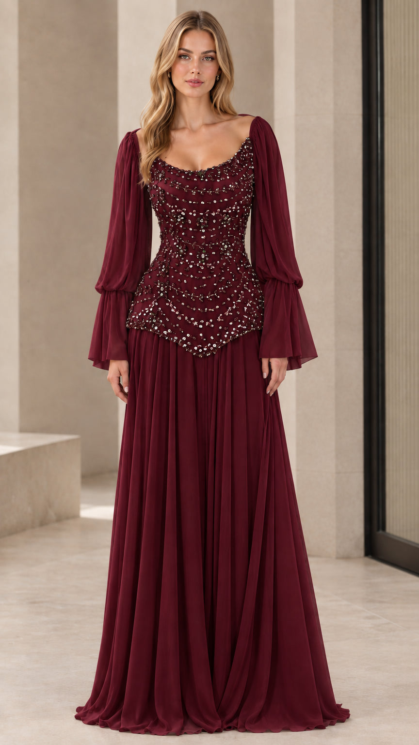 Front view of woman wearing deep burgundy beaded floor-length evening gown