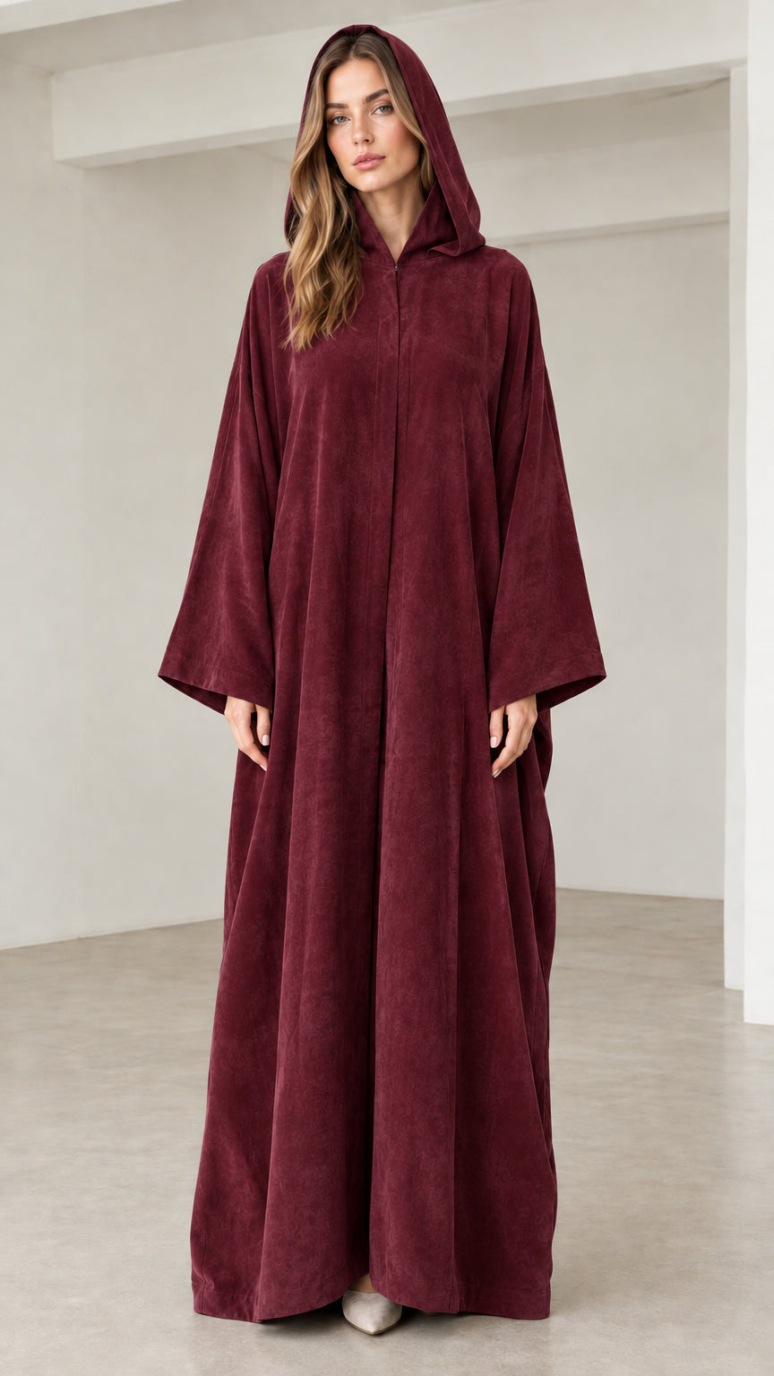 Burgundy wine red hooded maxi kaftan abaya dress