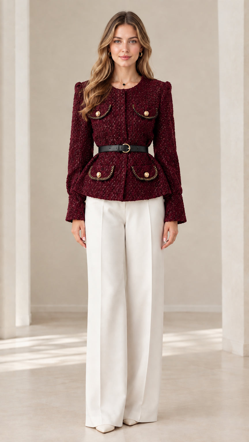 Front view of model wearing rich burgundy wine red tweed peplum jacket
