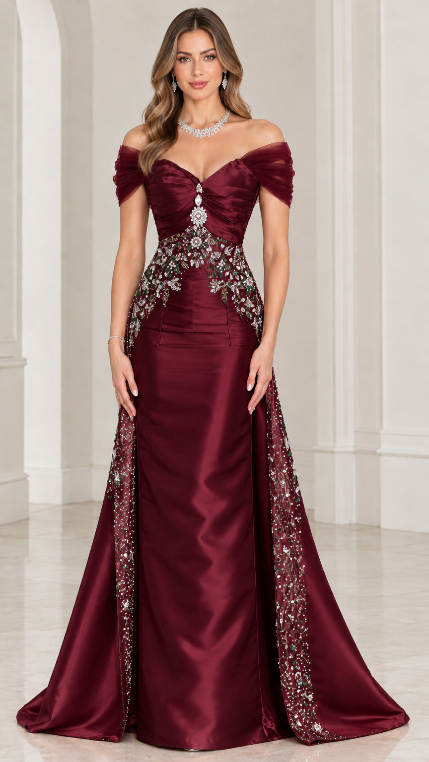 Front view of burgundy wine satin formal gown with beaded bodice embellishment