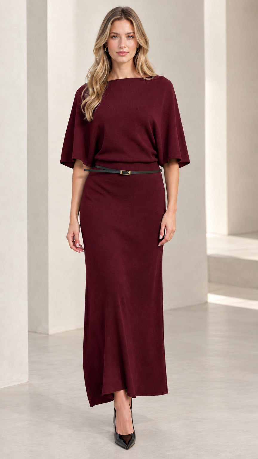 Front view of woman wearing rich burgundy wine belted knit maxi dress