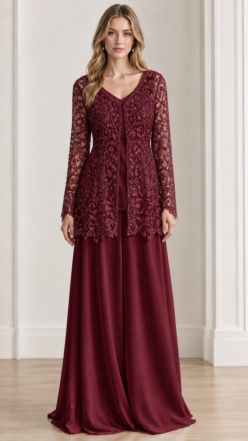 Burgundy formal lace tunic jacket and palazzo pant set for mother of the bride