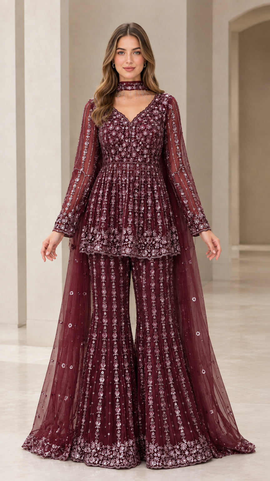 Burgundy wine embellished peplum top with flared pants