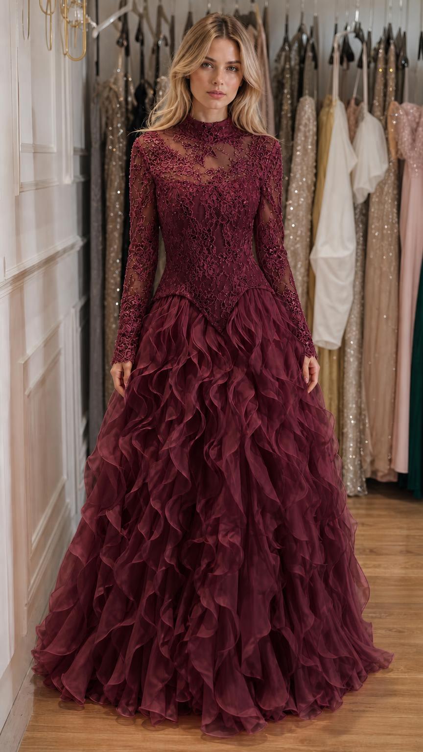 Front view of burgundy long-sleeve lace evening gown