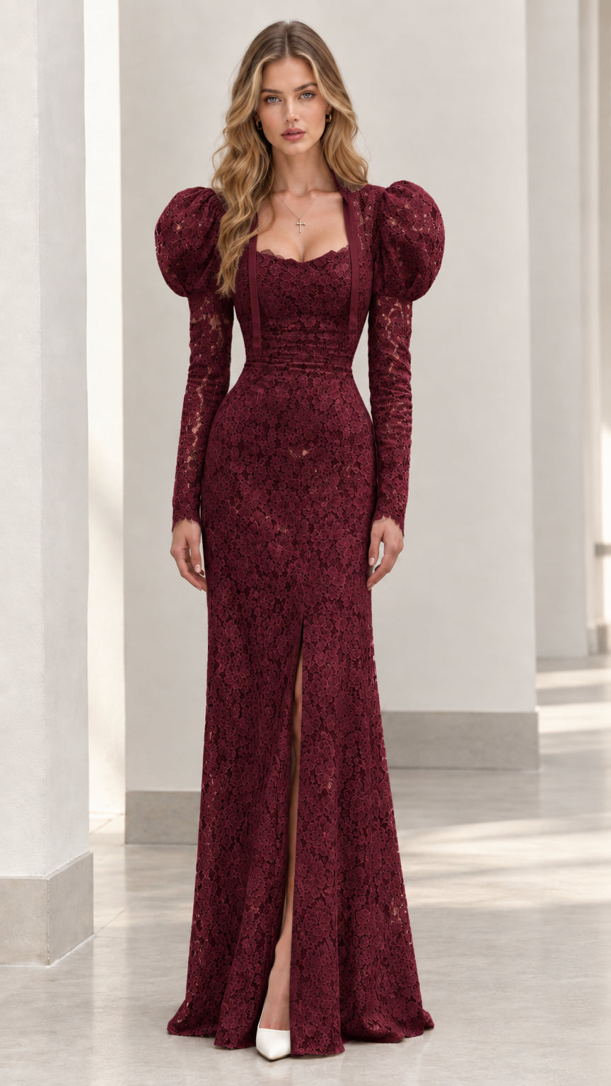 Full-length view of burgundy red lace evening gown with puff sleeves