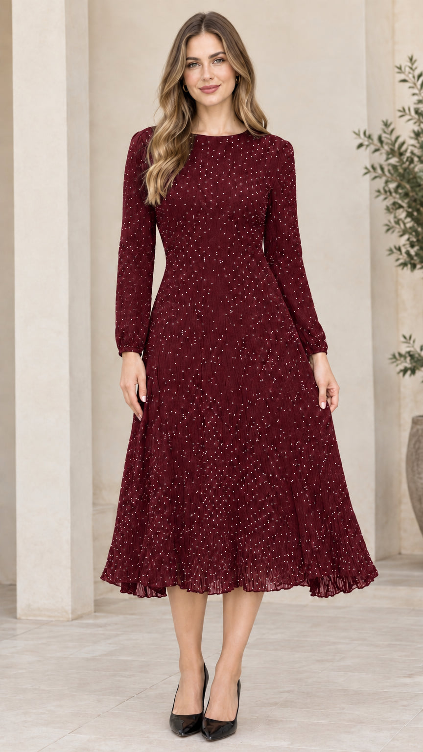 Front view of woman wearing burgundy wine red long sleeve micro dot A-line midi dress