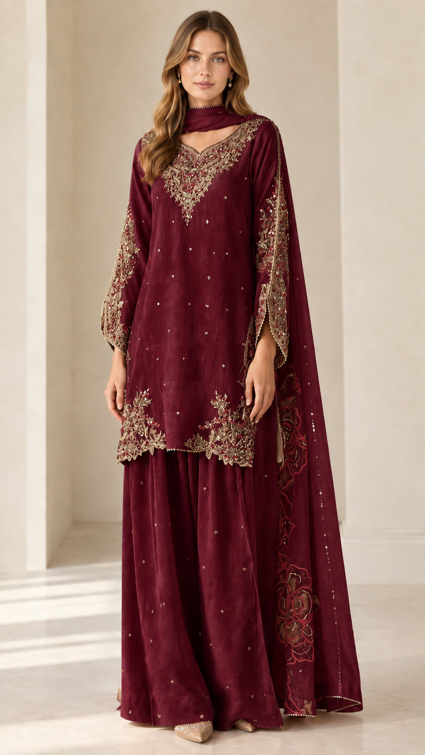 Front view of maroon wine embroidered three-piece kurta suit set