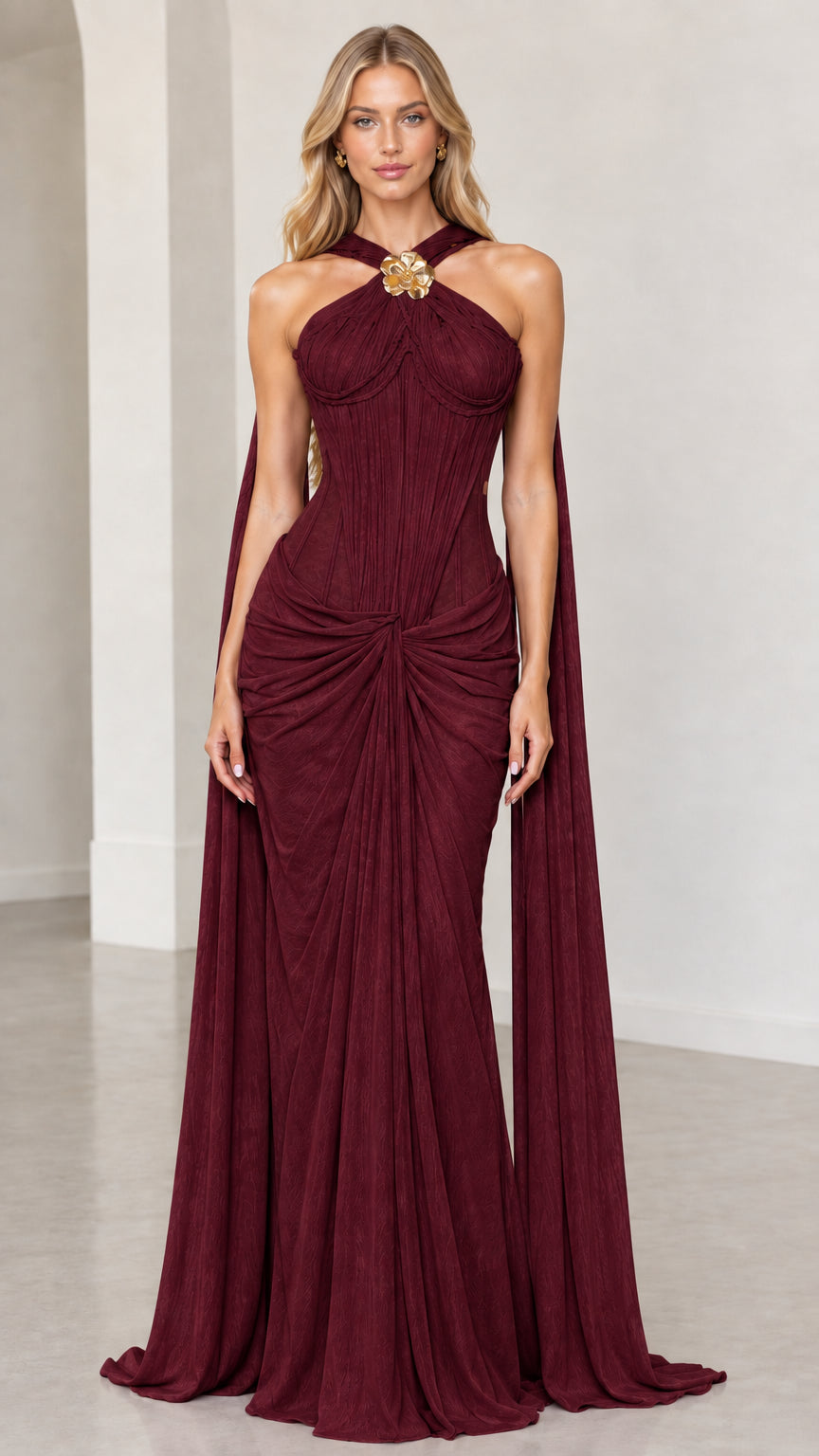 Front view of burgundy wine halter draped corset formal maxi dress