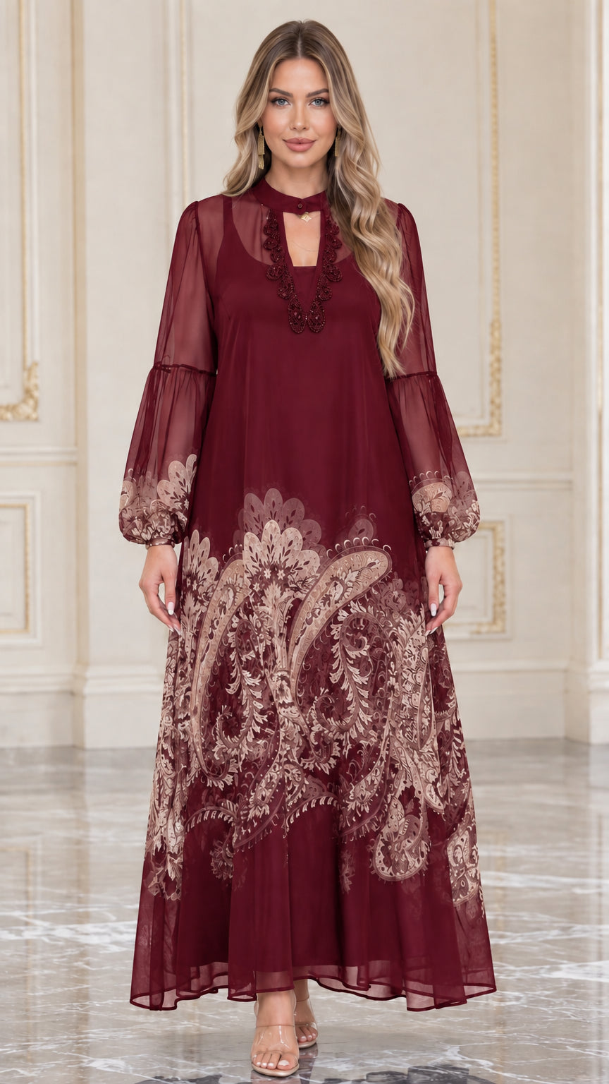 Front full view of burgundy wine red sheer sleeve paisley maxi dress