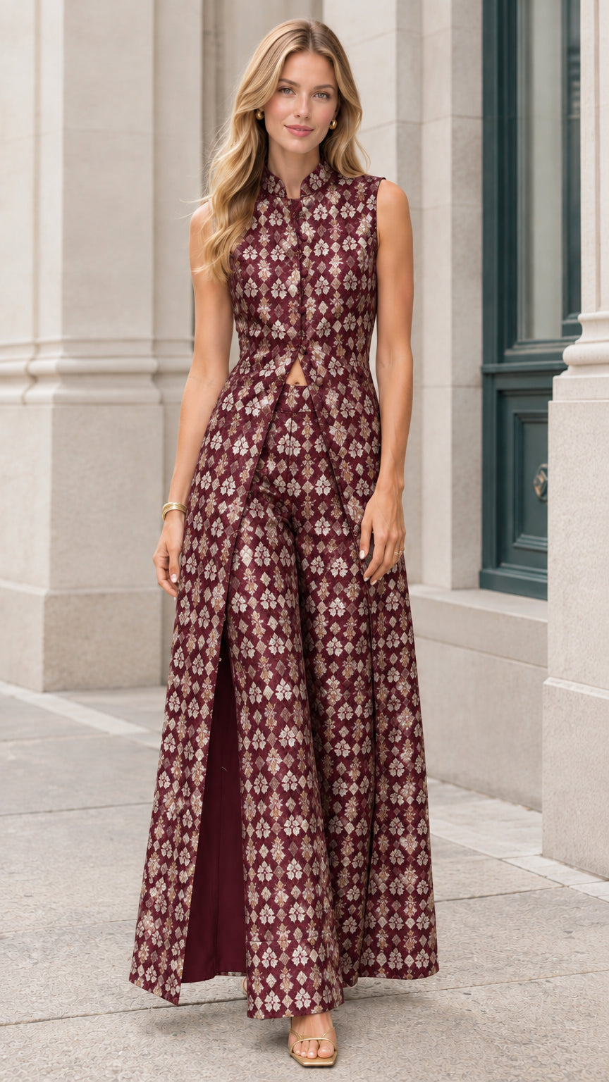Front view of model wearing Burgundy wine jacquard wide-leg jumpsuit with high-slit overlay