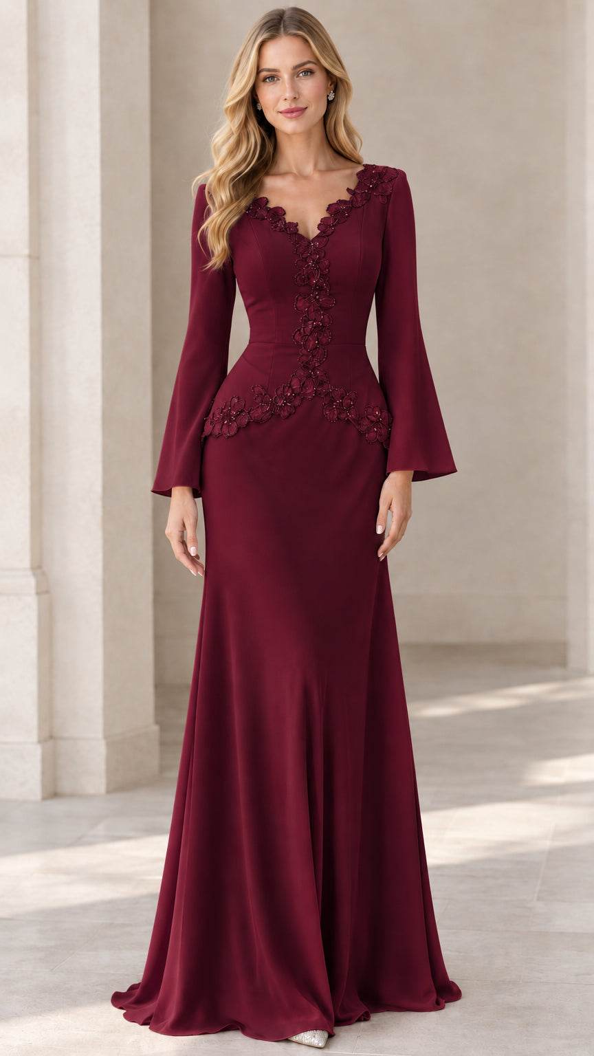 Burgundy wine formal evening dress with beaded lace trim and bell sleeves
