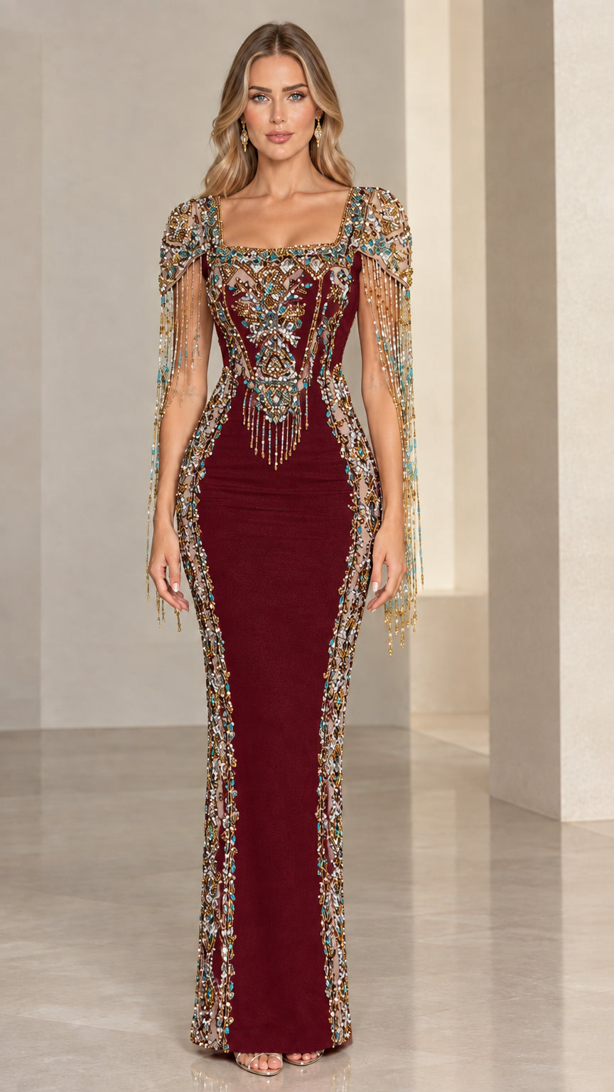 Front view of model wearing Burgundy embellished square neck evening gown with beaded fringe sleeves