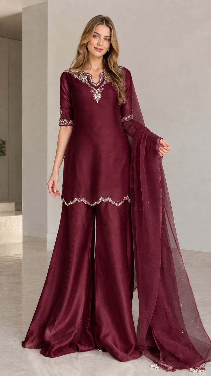 Model wearing maroon wine embellished kurta sharara 3-piece set with matching dupatta