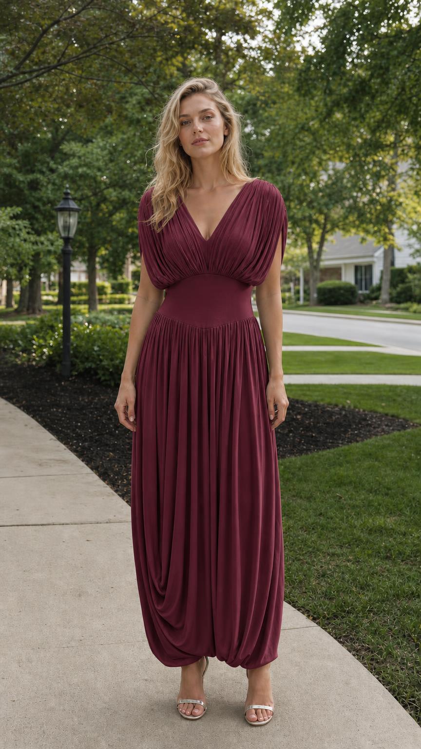 Front view of Burgundy pleated maxi dress