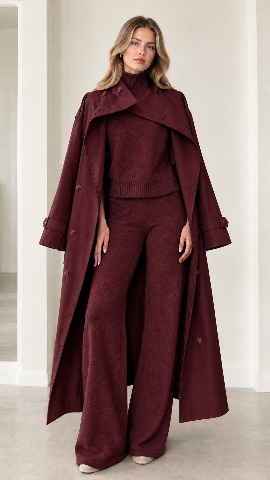 Full-length front view of burgundy wine cape-collar maxi trench coat