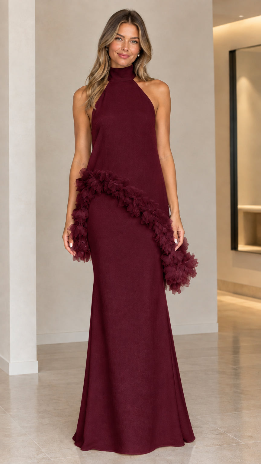 Front view of burgundy wine halter evening gown with asymmetrical ruffle trim