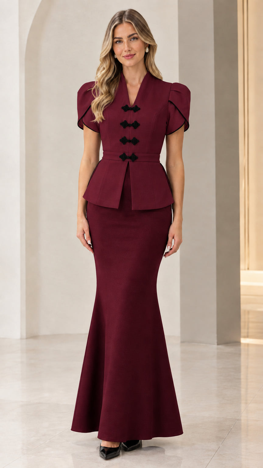 Front full view of woman wearing burgundy wine red peplum top and matching mermaid maxi skirt set