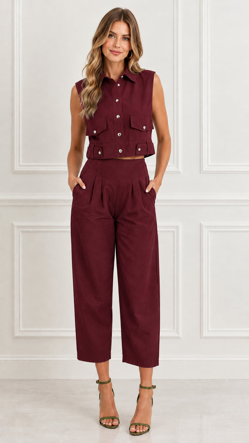 Front view of woman wearing Burgundy sleeveless utility top and cropped pants set