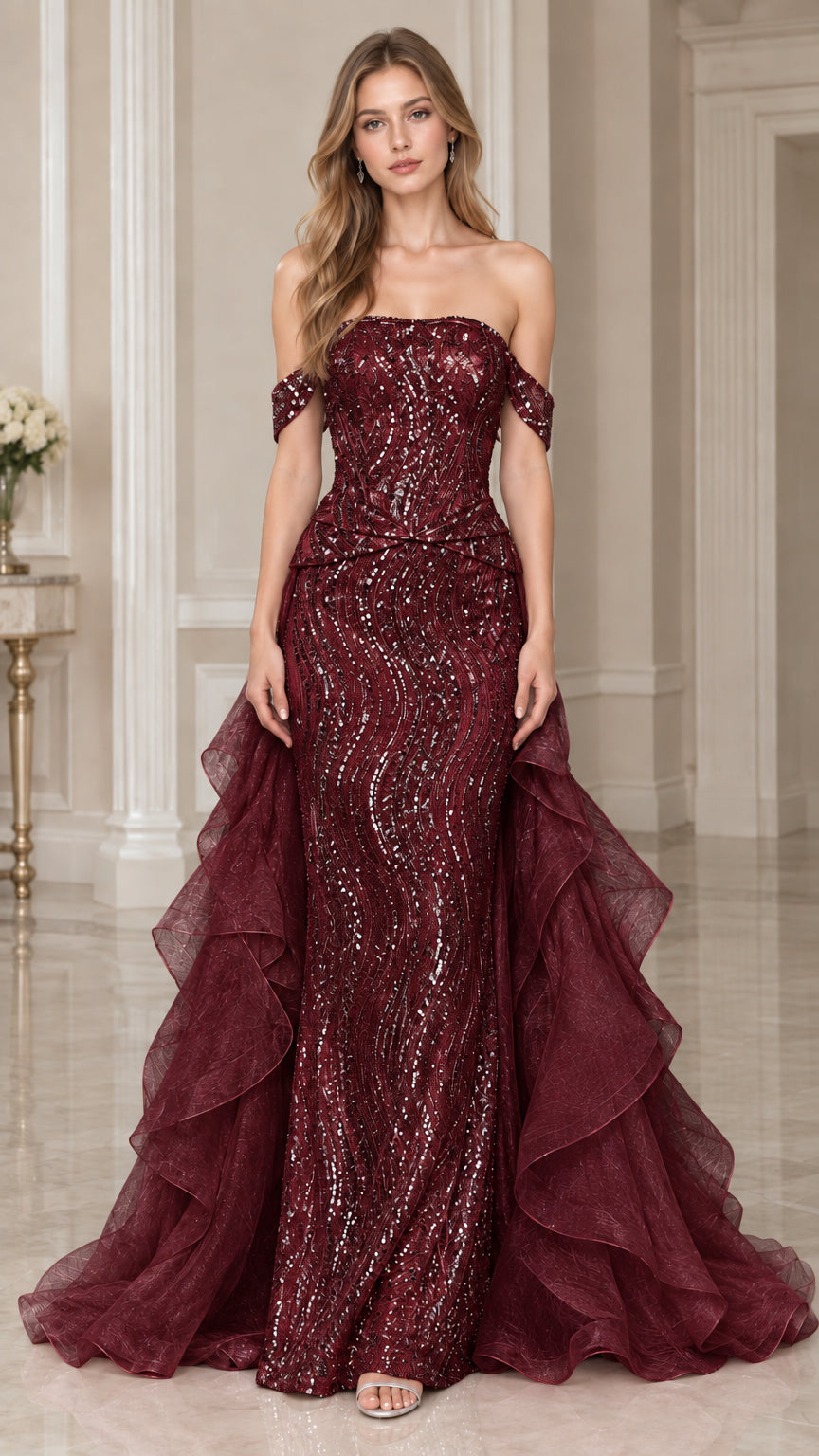 Front view of model wearing Burgundy wine sequined floor-length formal gown with ruffle accents